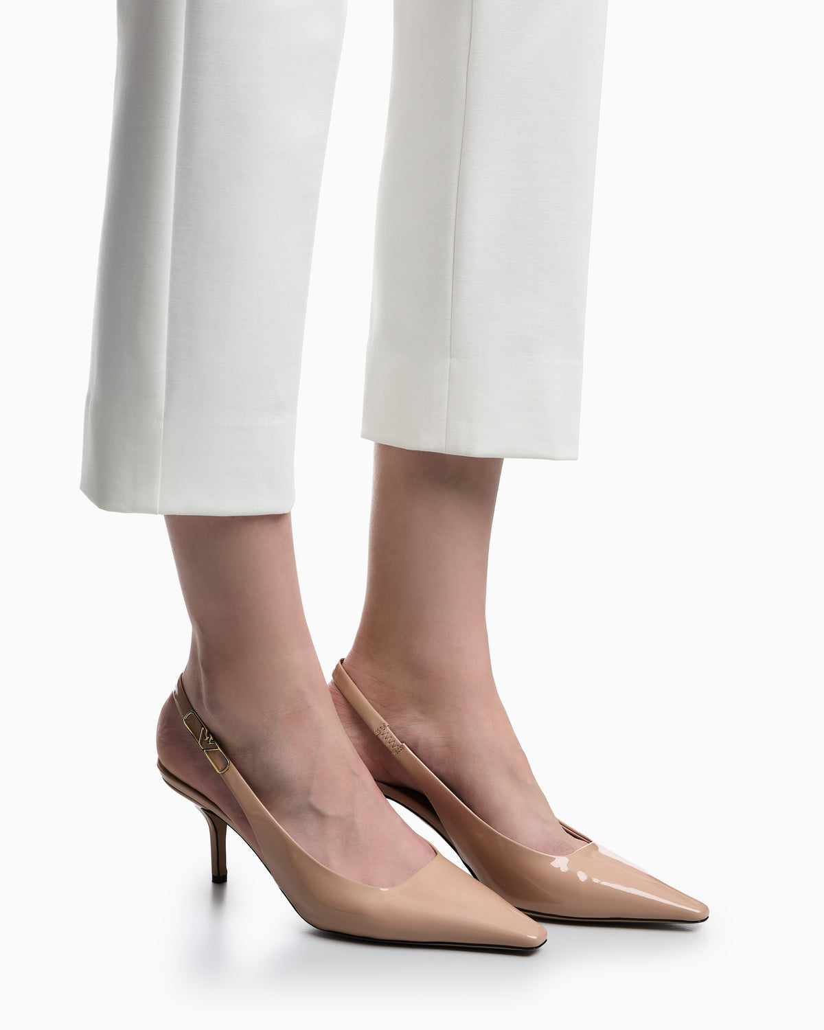 Emporio Armani Patent-Leather Slingback Court Shoes With Eagle Plate Beige