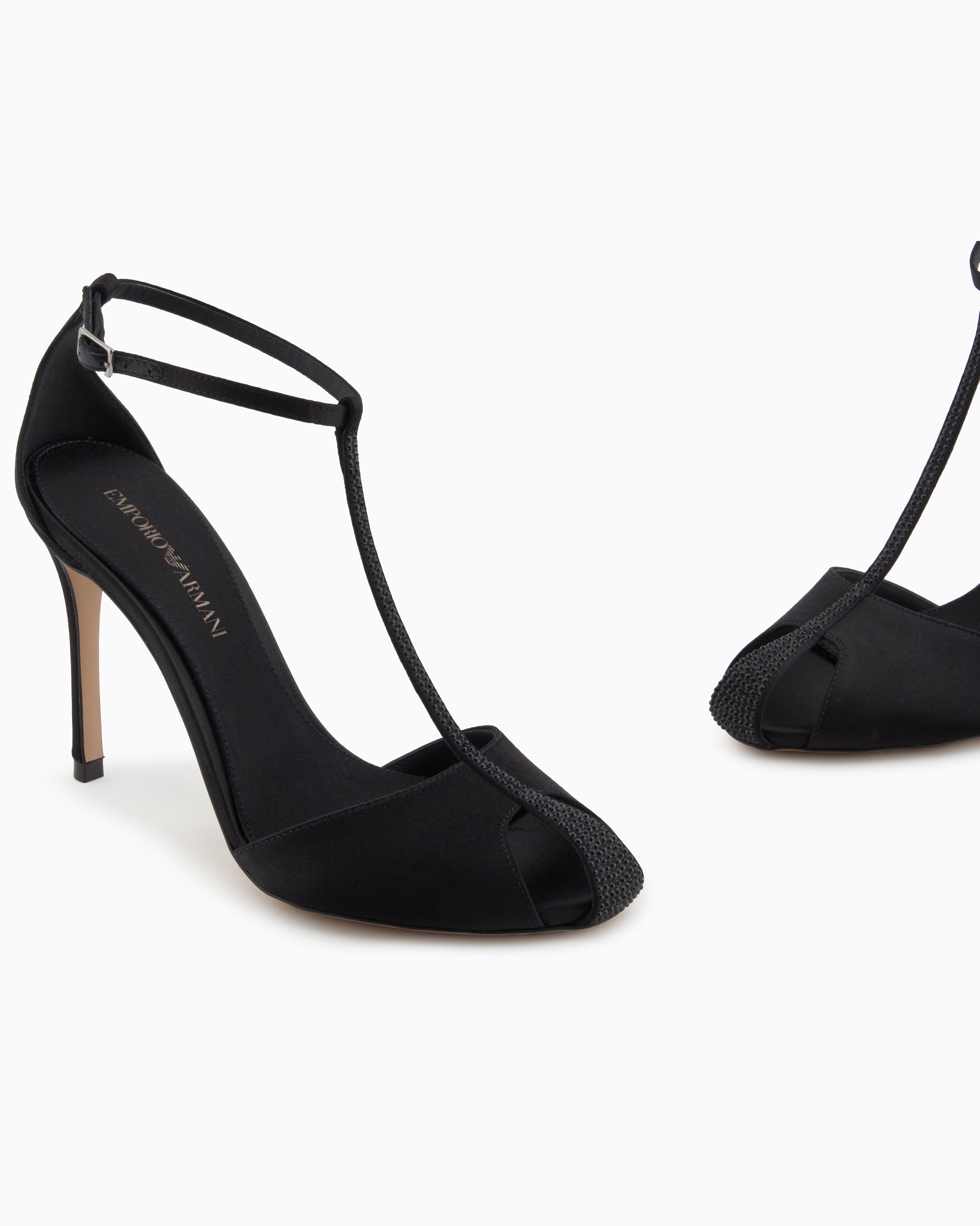 Emporio Armani Satin T-Bar Sandals With Rhinestones Black