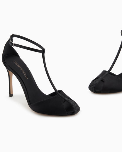 Emporio Armani Satin T-Bar Sandals With Rhinestones Black