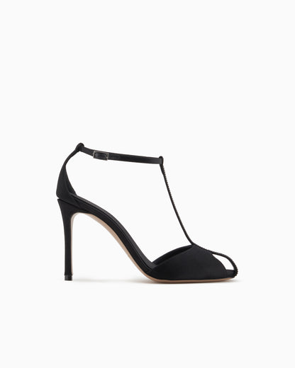 Emporio Armani Satin T-Bar Sandals With Rhinestones Black