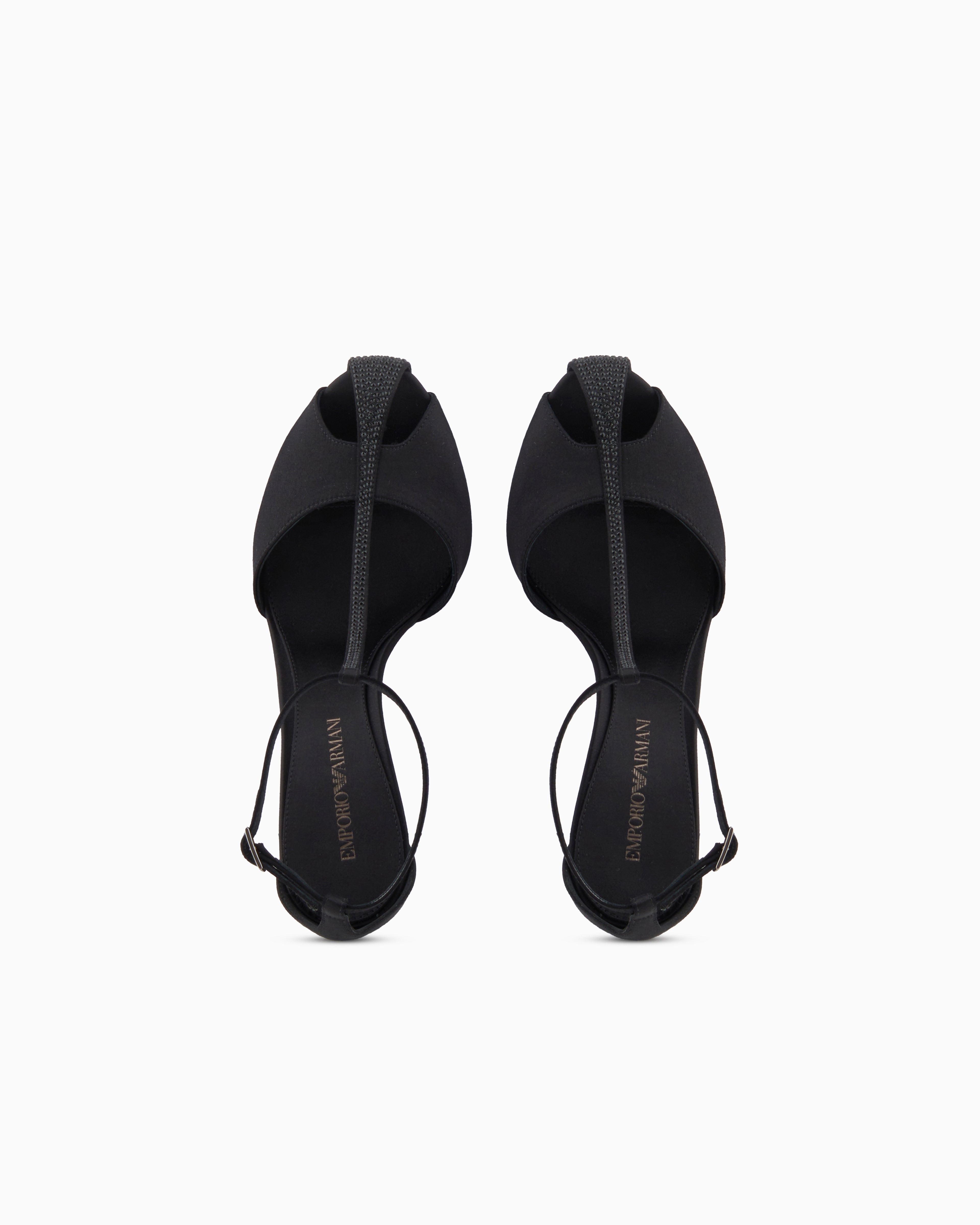 Emporio Armani Satin T-Bar Sandals With Rhinestones Black
