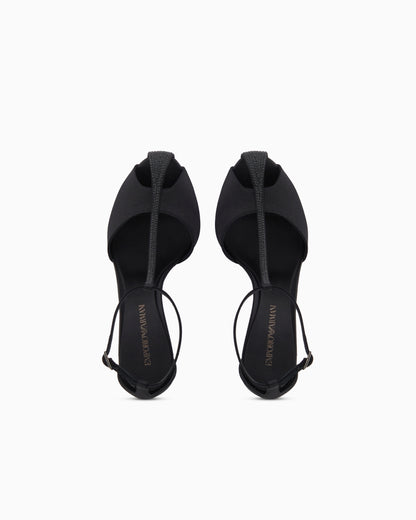 Emporio Armani Satin T-Bar Sandals With Rhinestones Black