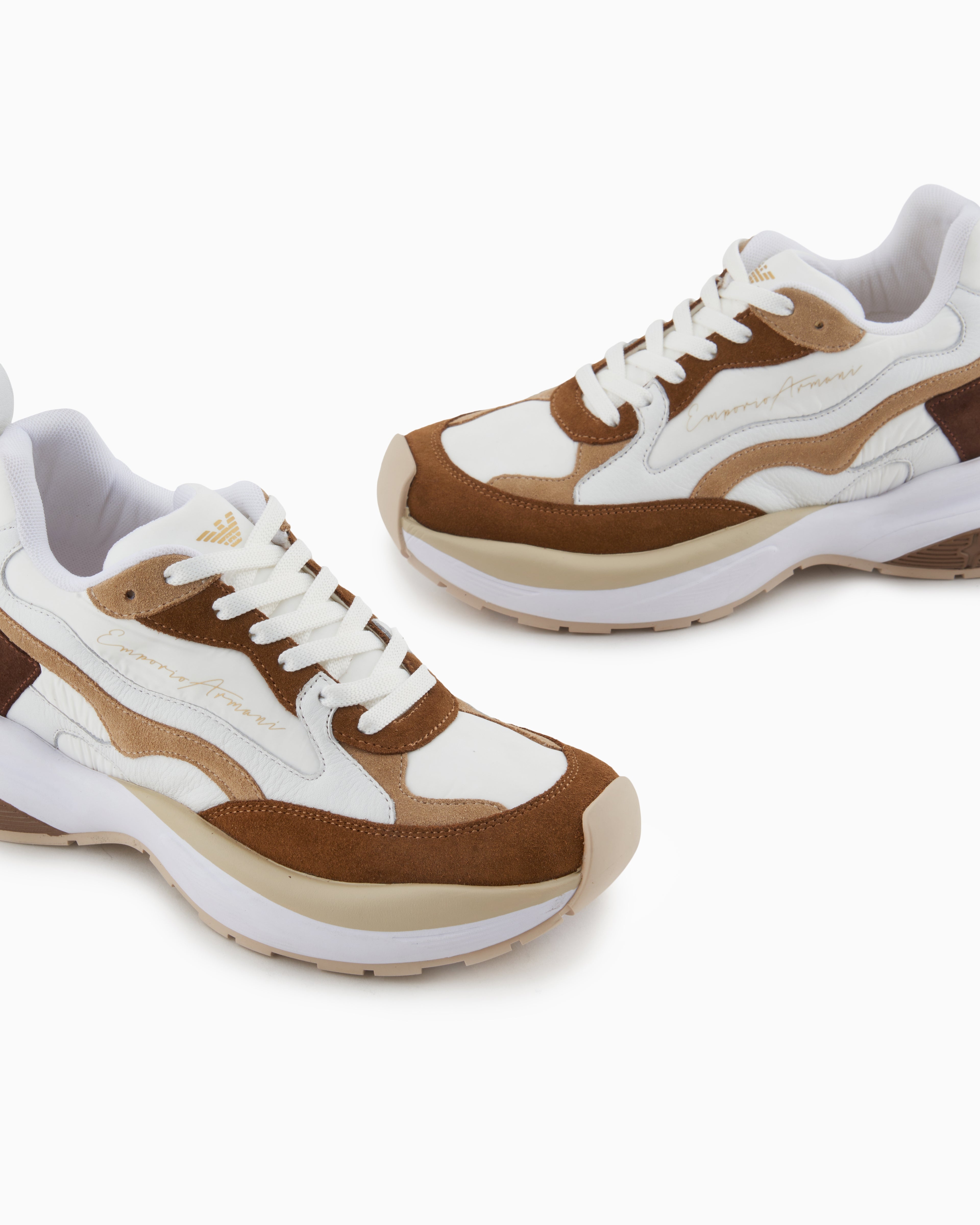 Emporio Armani Mesh Sneakers With Laminated Details And Signature Logo Beige