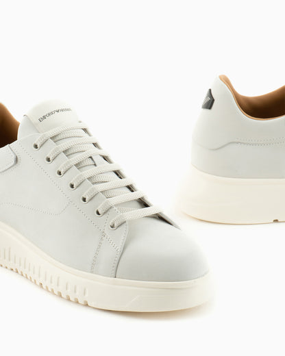 Emporio Armani Sneaker With Knurled Soles In Nubuck Leather Essential White