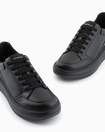 Emporio Armani Leather Sneakers With Side Logo Black