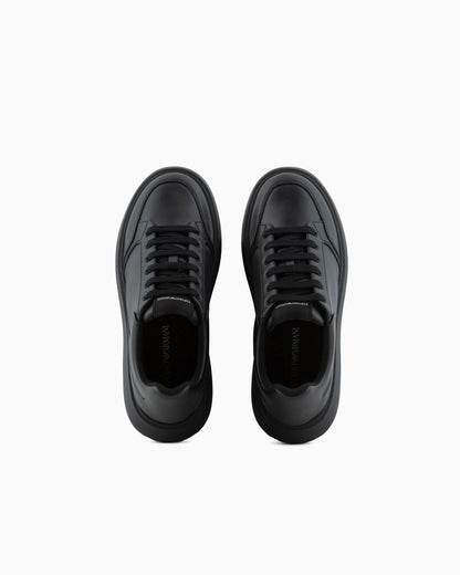Emporio Armani Leather Sneakers With Side Logo Black