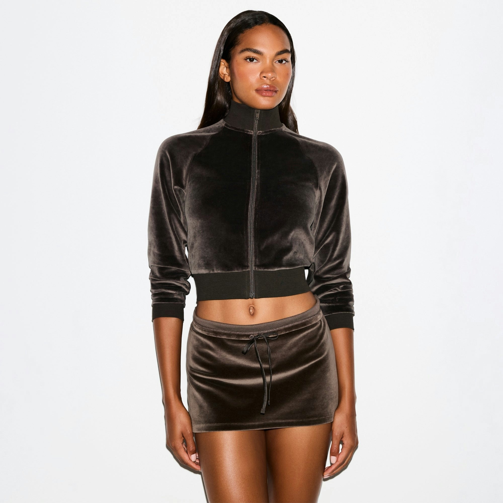 Skims Velour Shrunken Track Jacket Dark Sepia