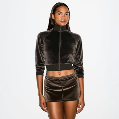 Skims Velour Shrunken Track Jacket Dark Sepia