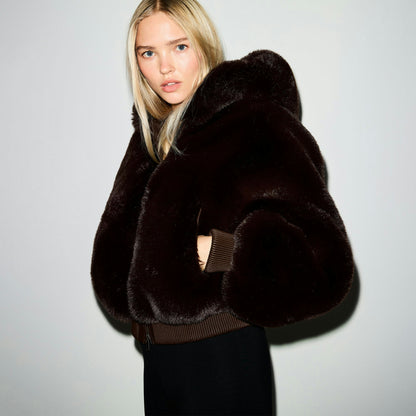 Skims Faux Fur Zip Up Jacket Espresso