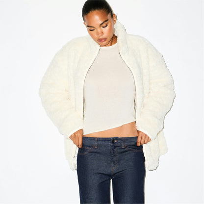 Skims Faux Fur Oversized Mock Neck Jacket Egret