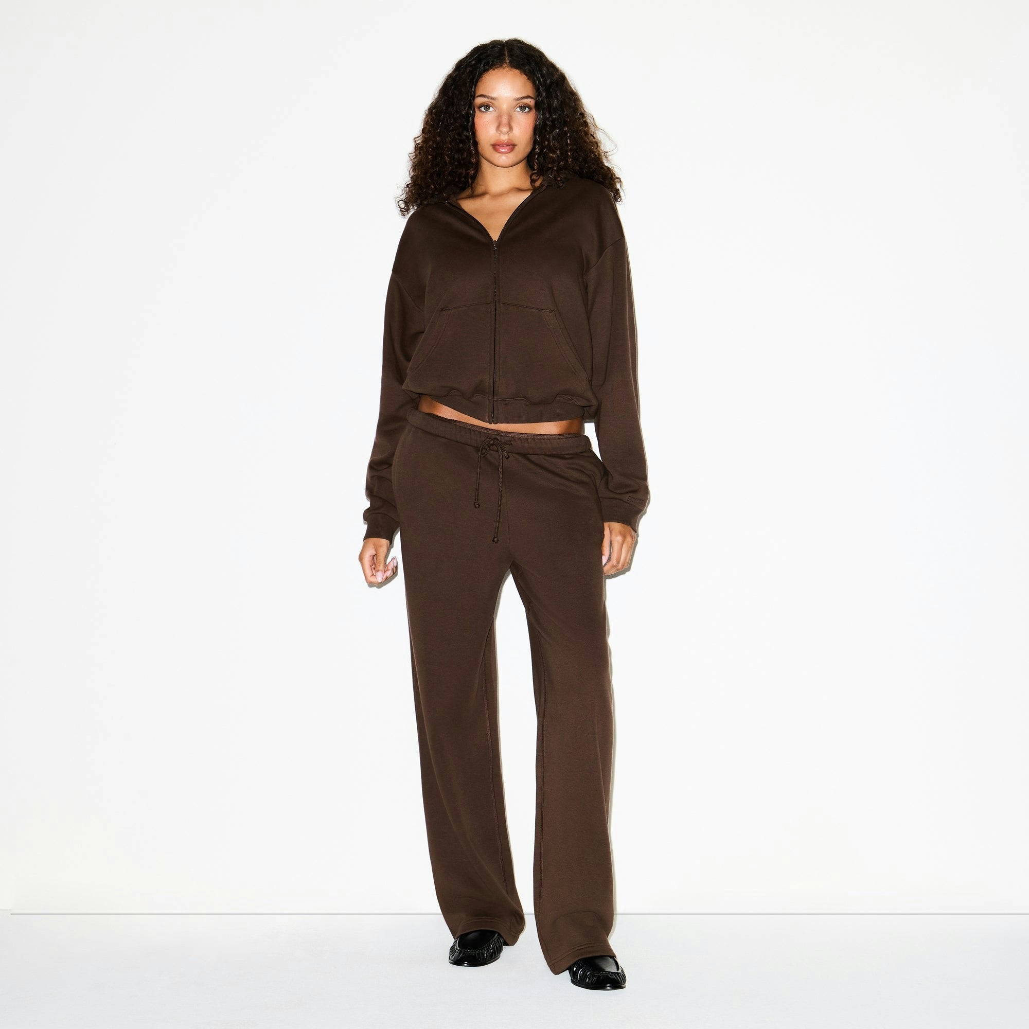 Skims Cotton Fleece Classic Zip Up Hoodie Dark Sepia