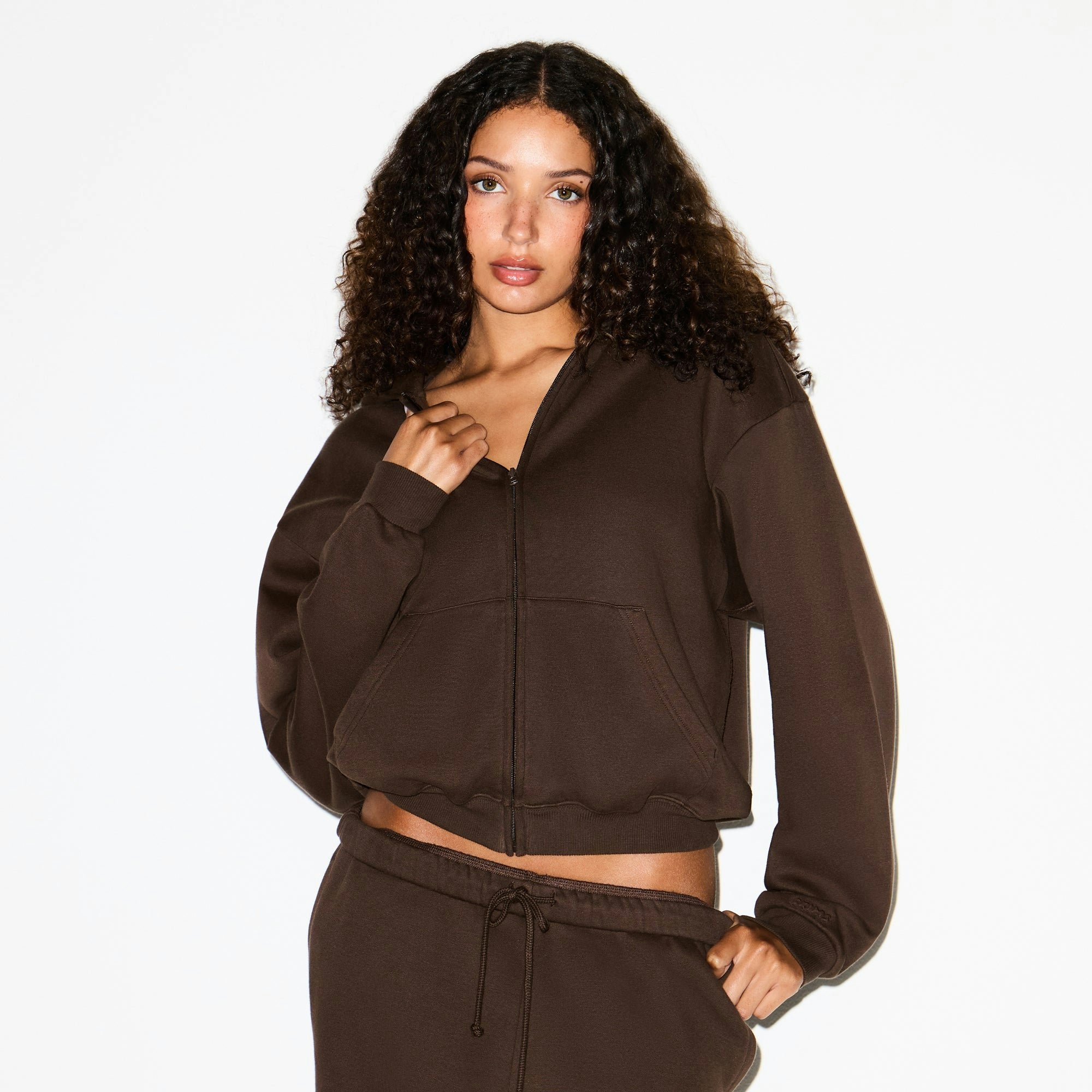 Skims Cotton Fleece Classic Zip Up Hoodie Dark Sepia