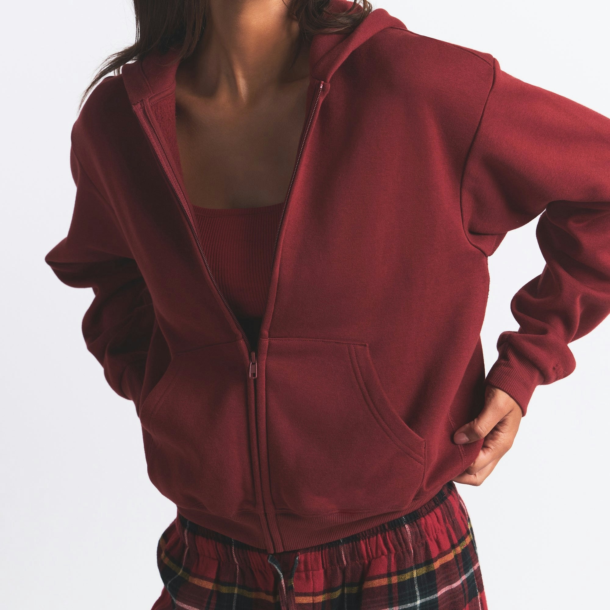 Skims Cotton Fleece Classic Zip Up Hoodie Merlot