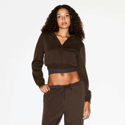 Skims Cotton Fleece Cropped Zip Up Hoodie Dark Sepia