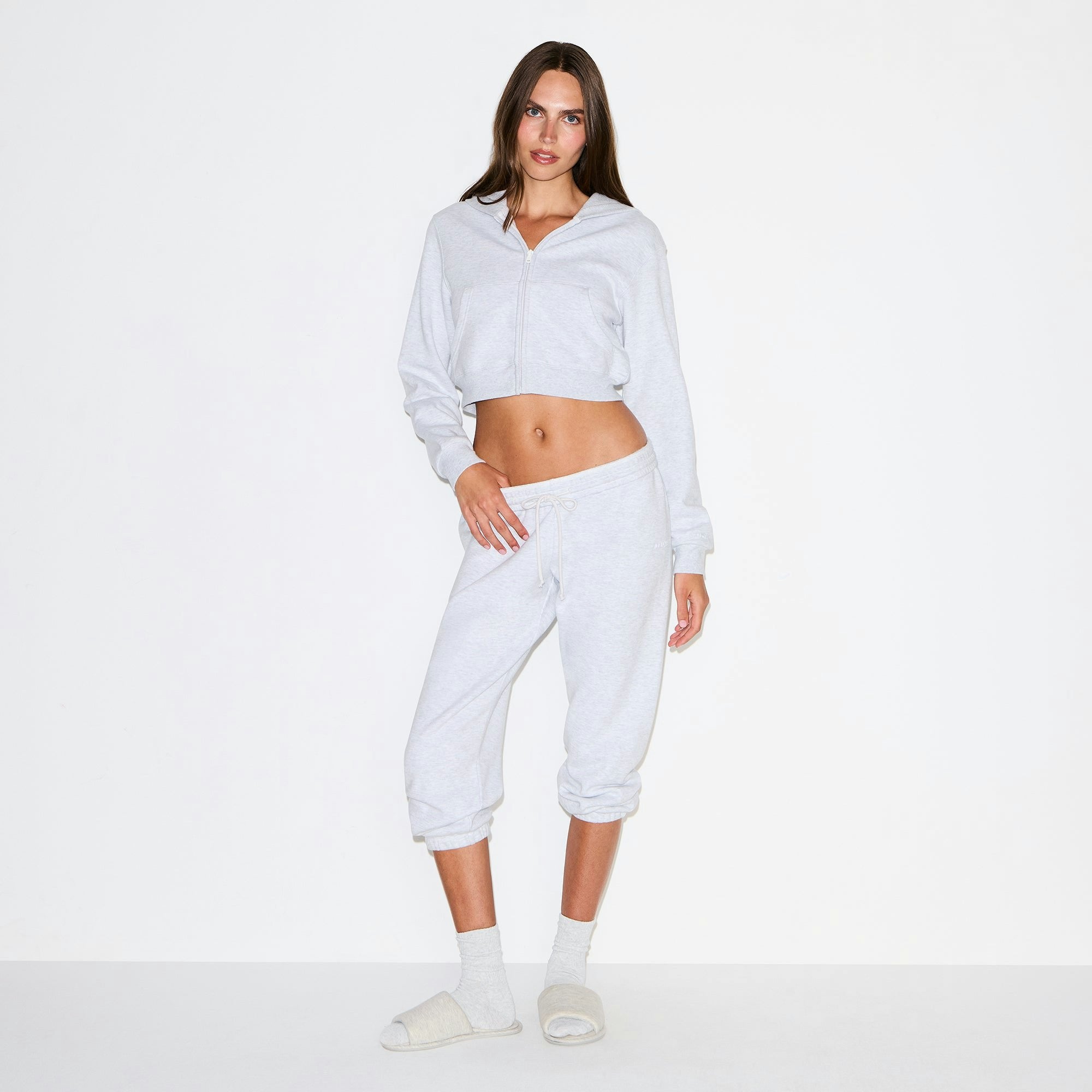 COTTON FLEECE CROPPED ZIP UP HOODIE