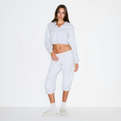 COTTON FLEECE CROPPED ZIP UP HOODIE