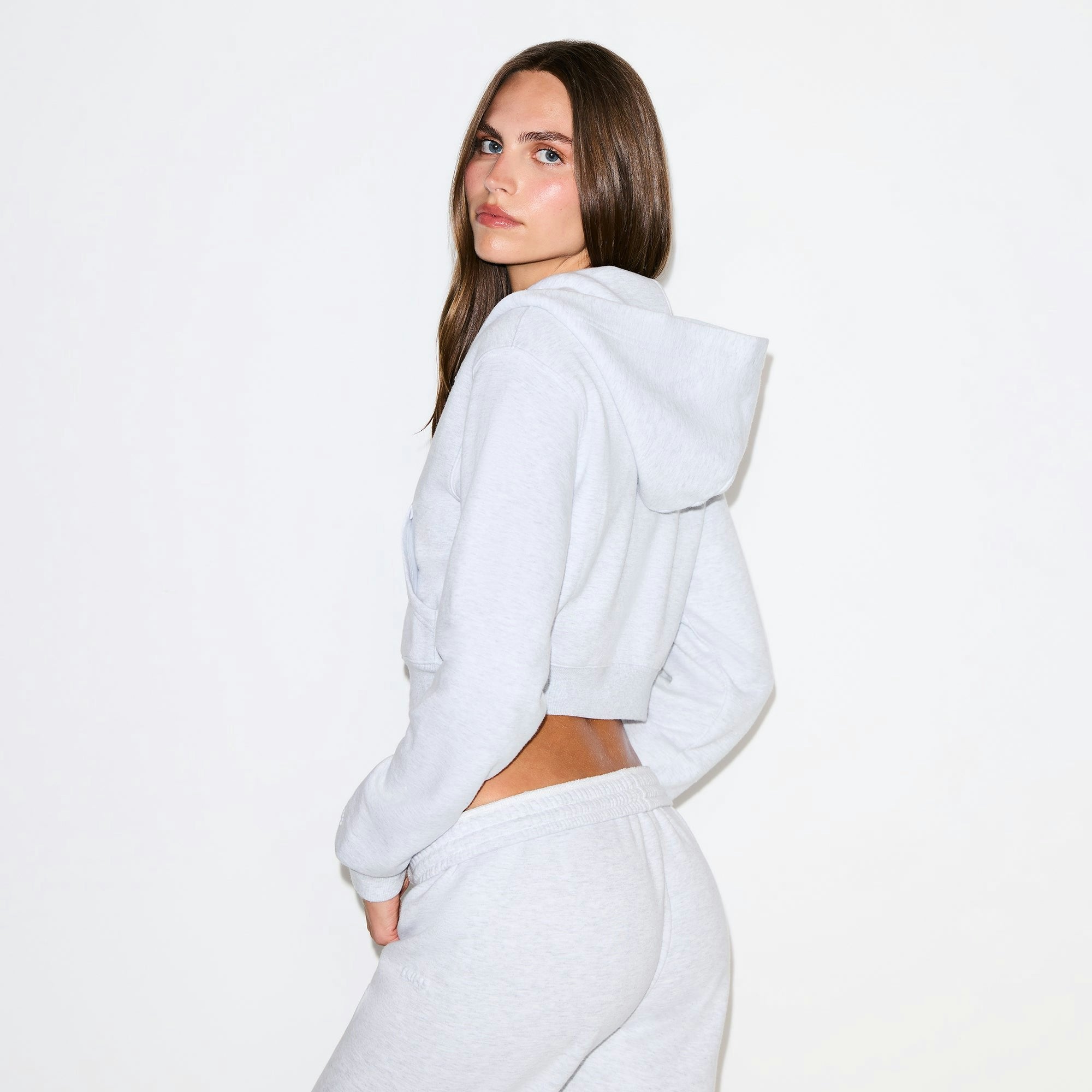 COTTON FLEECE CROPPED ZIP UP HOODIE