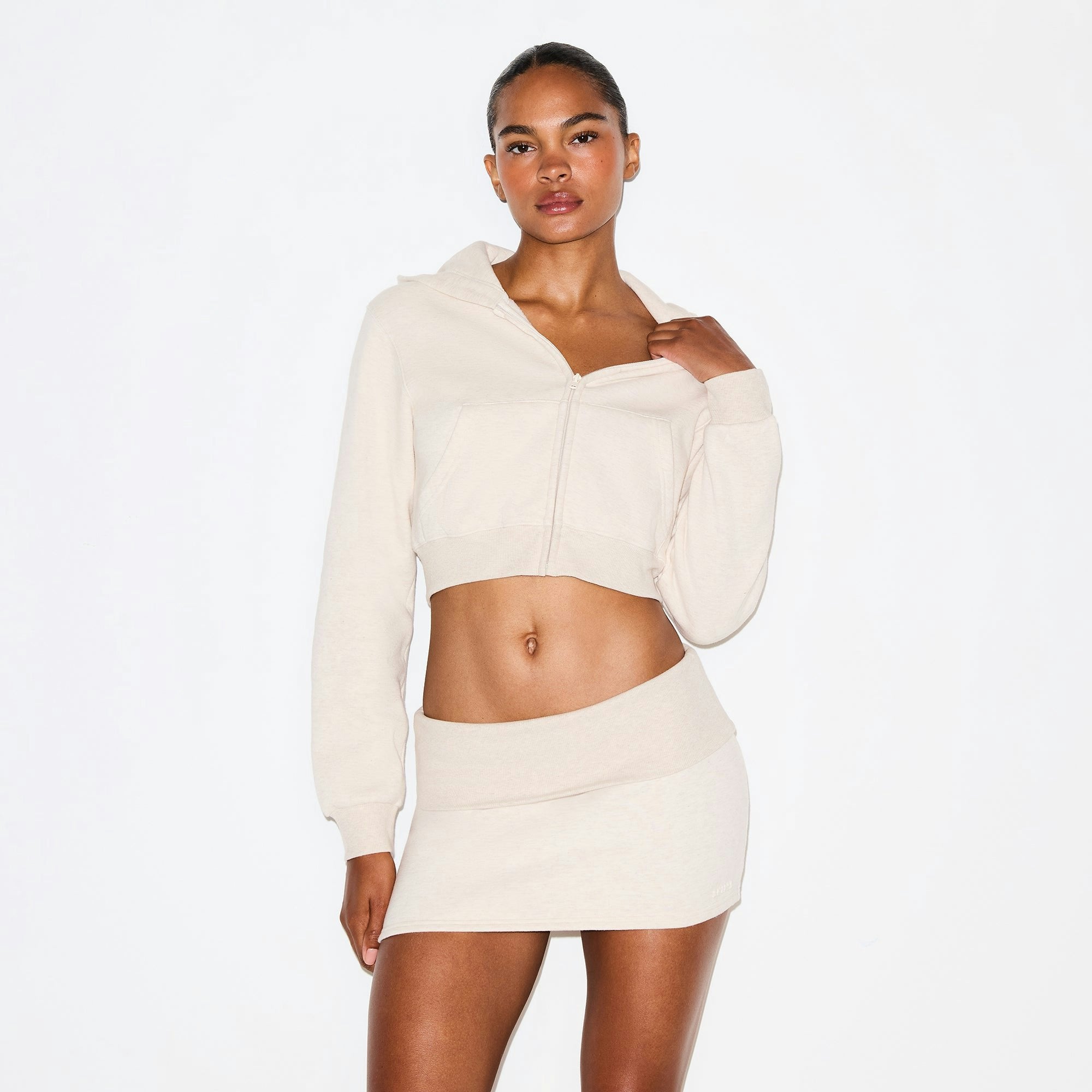 Skims Cotton Fleece Cropped Zip Up Hoodie Oatmeal Heather