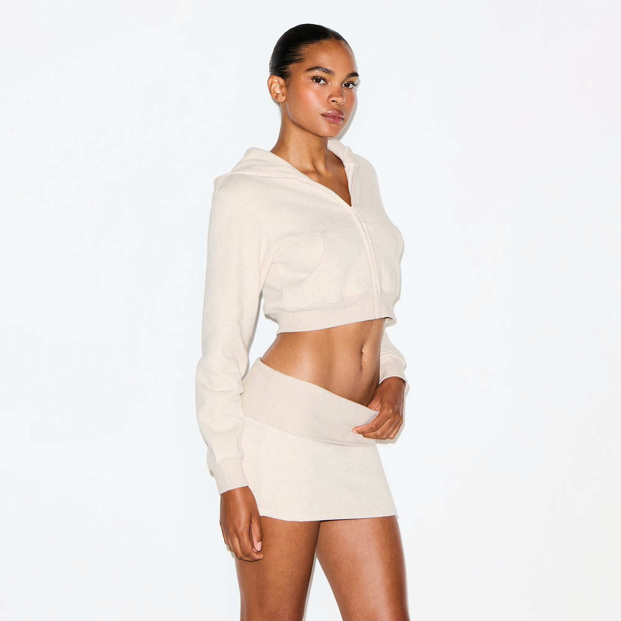 Skims Cotton Fleece Cropped Zip Up Hoodie Oatmeal Heather