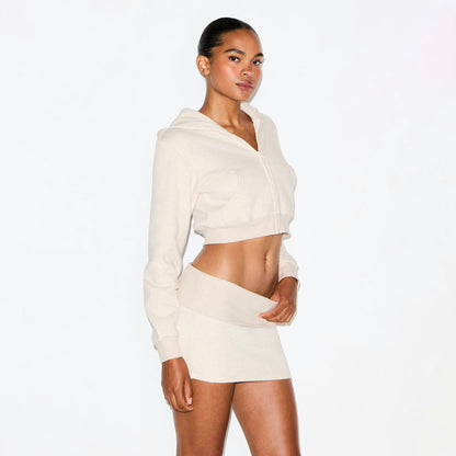 Skims Cotton Fleece Cropped Zip Up Hoodie Oatmeal Heather