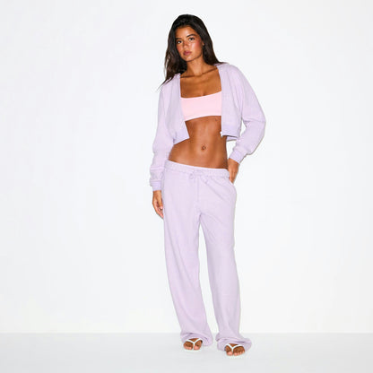 Skims Cotton Fleece Cropped Zip Up Hoodie Purple Heather