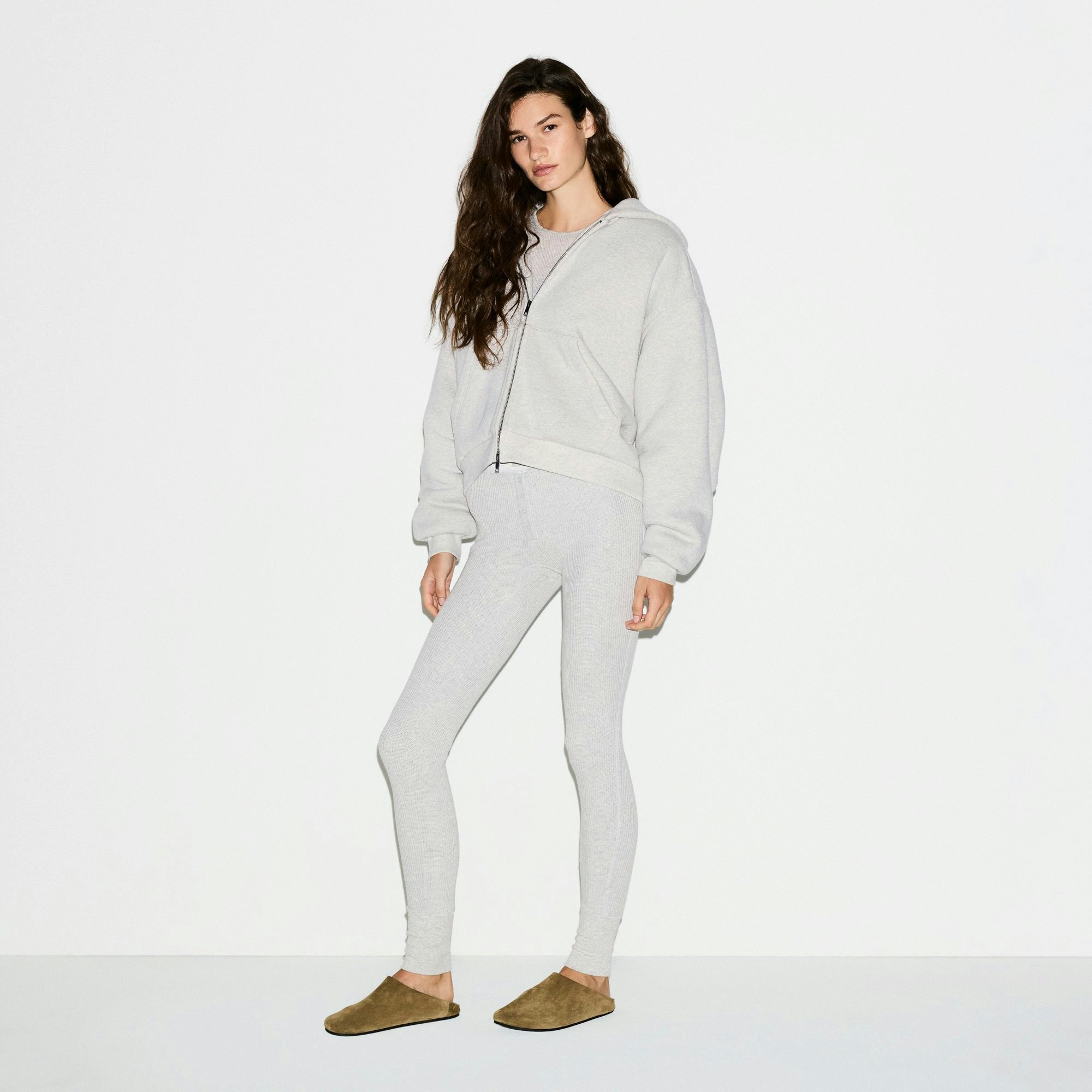 Skims Heavyweight Fleece Boxy Zip Up Hoodie Heather Grey