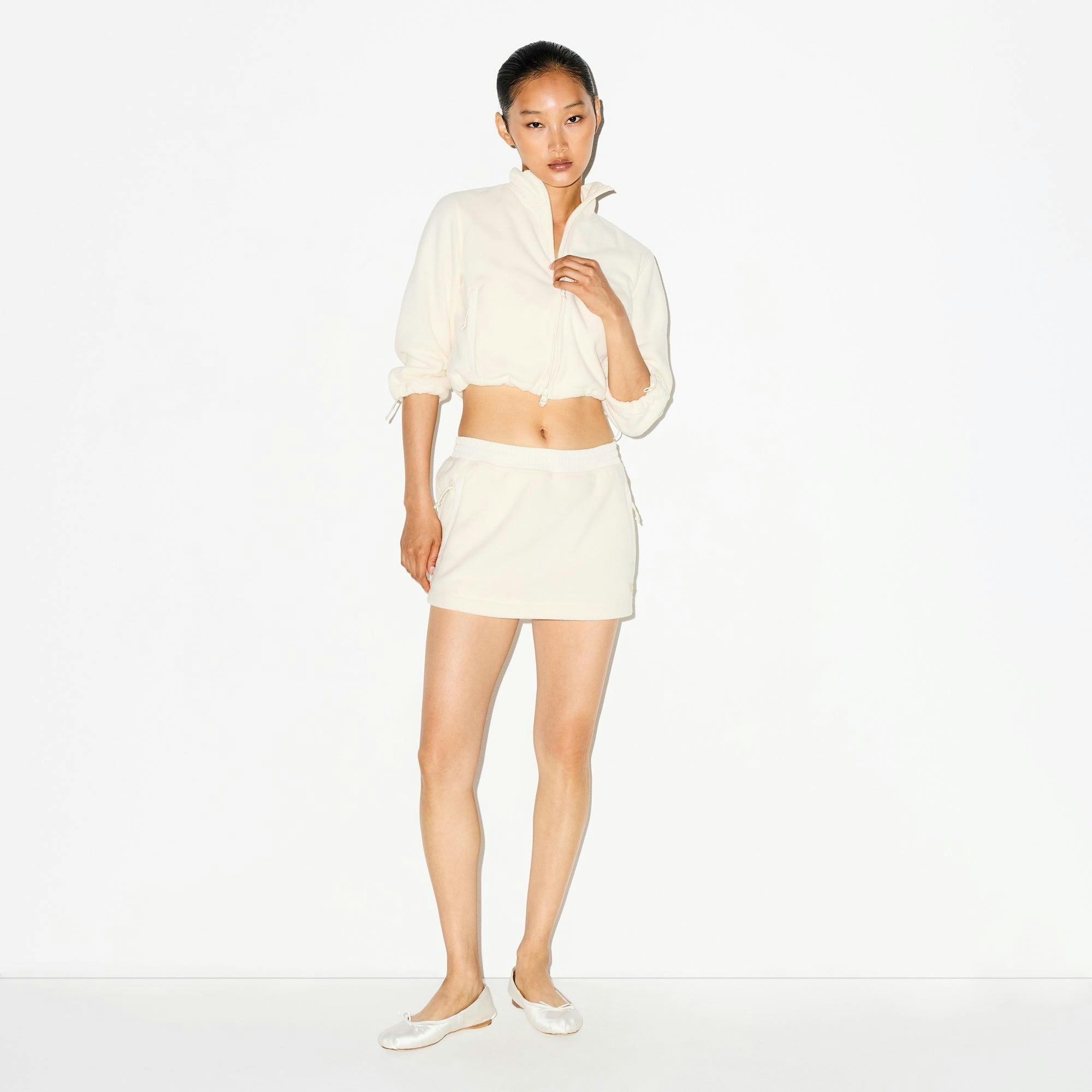 Skims Outdoor Fleece Cropped 3/4 Sleeve Jacket Ecru