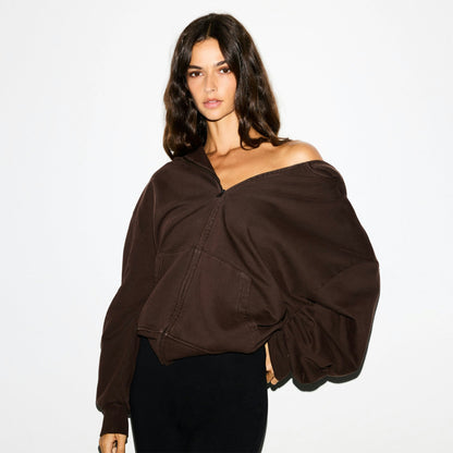 Skims Boyfriend Fleece Oversized Zip Up Hoodie Espresso