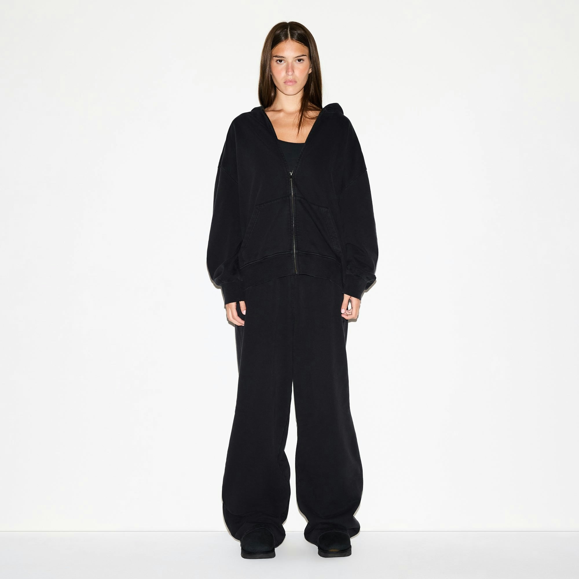 Skims Boyfriend Fleece Oversized Zip Up Hoodie Washed Onyx