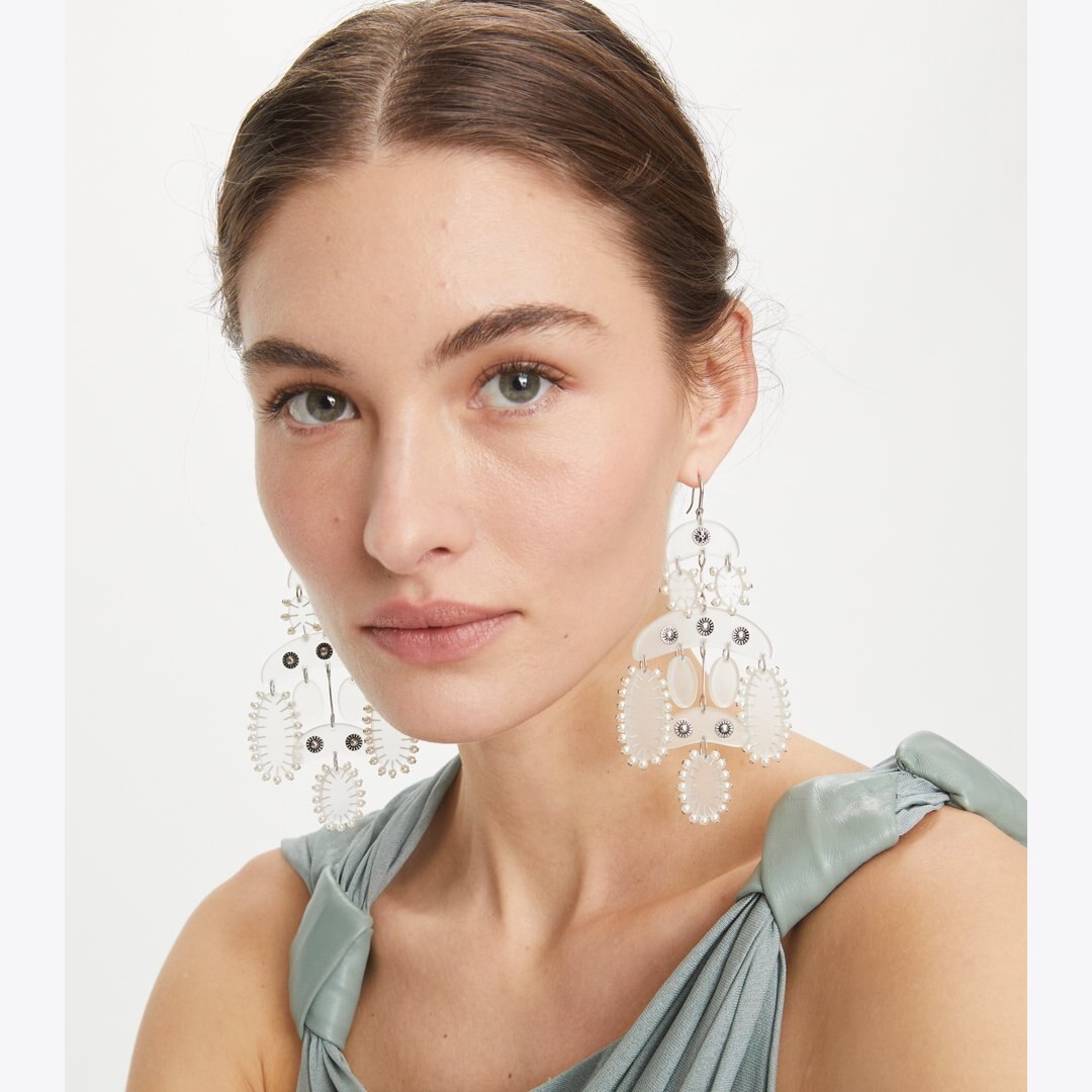 Tory Burch Abstract Beaded Chandelier Earrings Antique Tory Silver / Multi