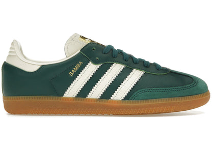Adidas Samba OG Collegiate Green women's sneaker showing suede overlays and gold foil detailing