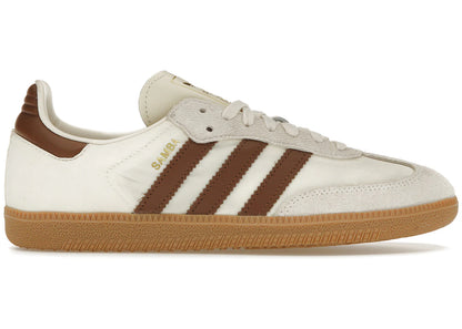 Adidas Samba OG Cream White Preloved Brown showing the suede overlay, 3 Stripes, and gum rubber outsole