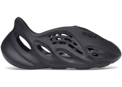 Adidas Yeezy Foam RNR Onyx shown as a single piece black foam clog with cut out ventilation and sculpted sole