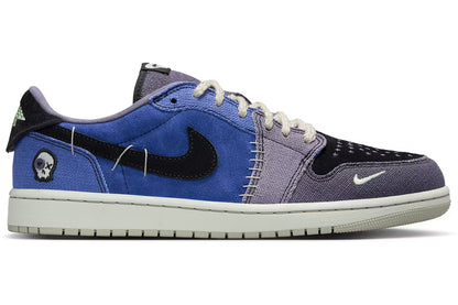 Jordan 1 Retro Low OG Zion Williamson Voodoo Alternate in regency purple and vapor green suede, lateral view