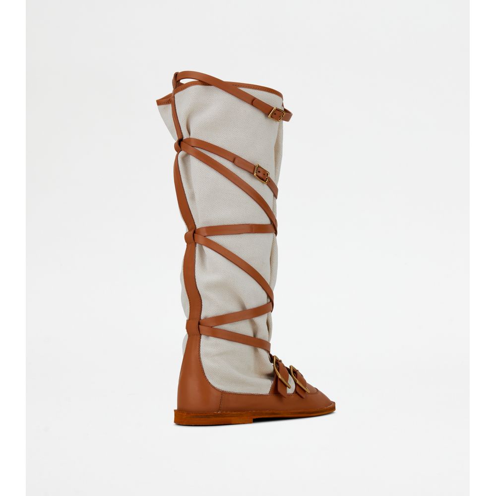 Tods Boots In Leather And Canvas Brown Womens