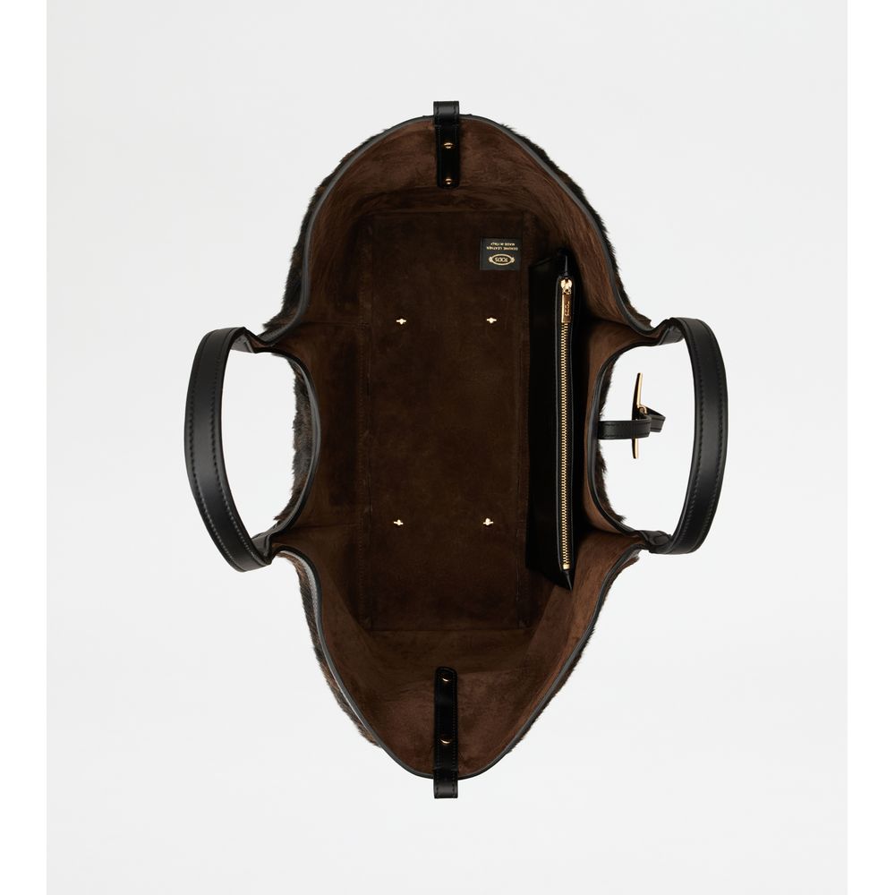 Tods T Timeless Shopping Bag In Pony Effect Leather Medium Black Brown