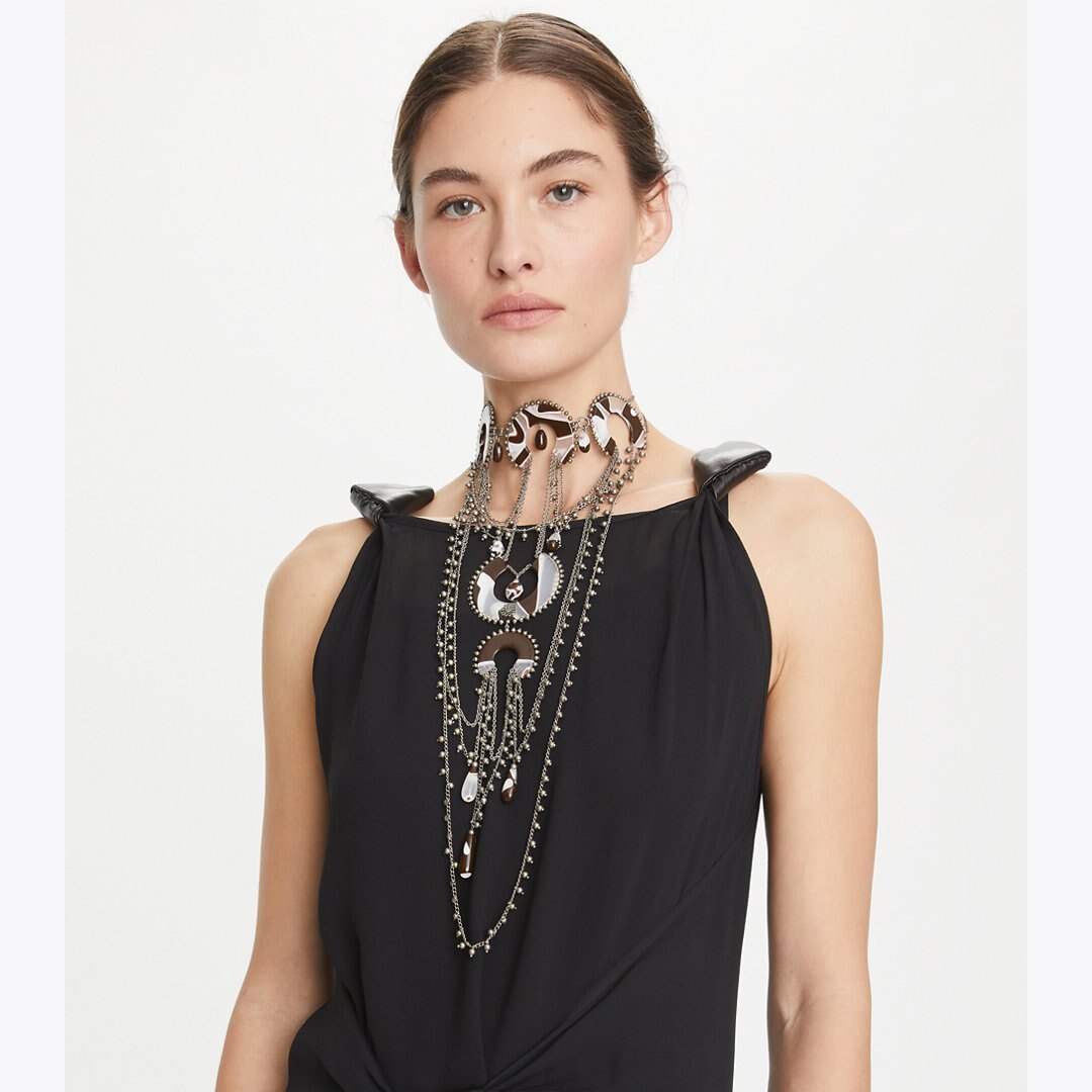 Tory Burch Bead And Resin Necklace Antique Tory Silver / Multi
