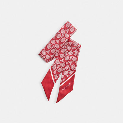Coach Textured Signature Print Silk Skinny Scarf True Red