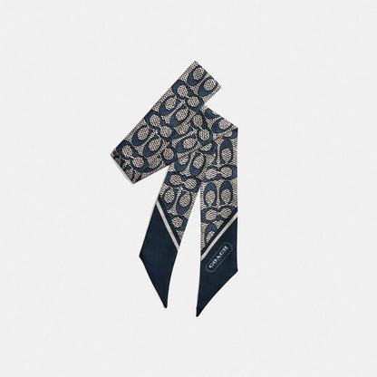 Coach Textured Signature Print Silk Skinny Scarf Midnight Navy