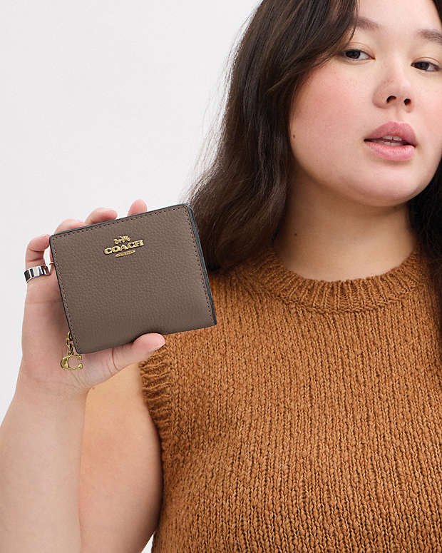 Snap Wallet Pebbled Leather-Gold-Dark Stone Pebbled Leather-Gold-Dark Stone