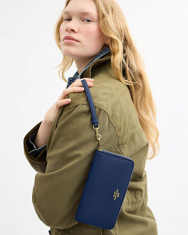 Long Zip Around Wallet Pebbled Leather-Gold-Deep Blue Pebbled Leather-Gold-Deep Blue