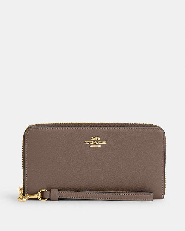 Long Zip Around Wallet Pebbled Leather-Gold-Dark Stone Pebbled Leather-Gold-Dark Stone