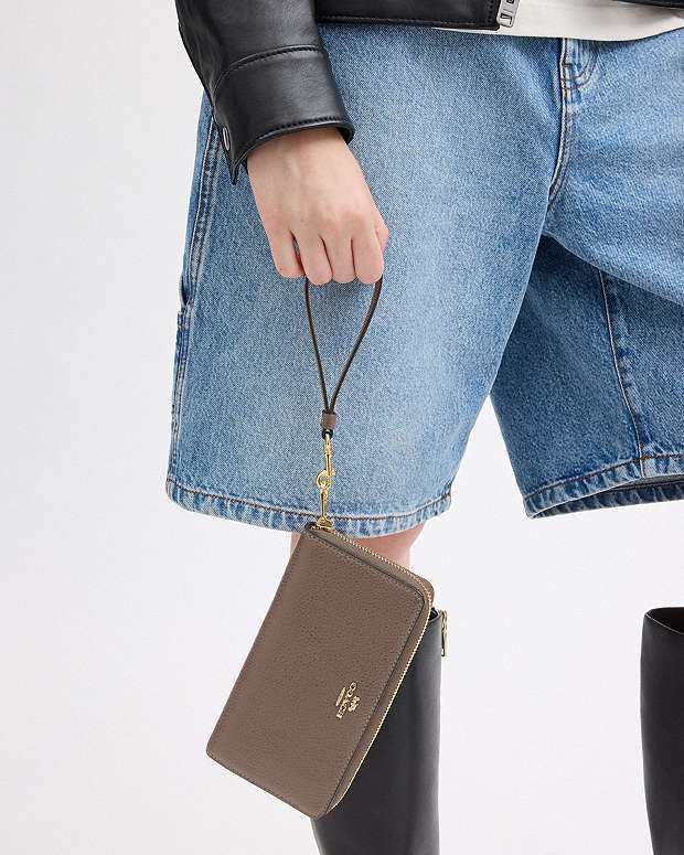 Long Zip Around Wallet Pebbled Leather-Gold-Dark Stone Pebbled Leather-Gold-Dark Stone