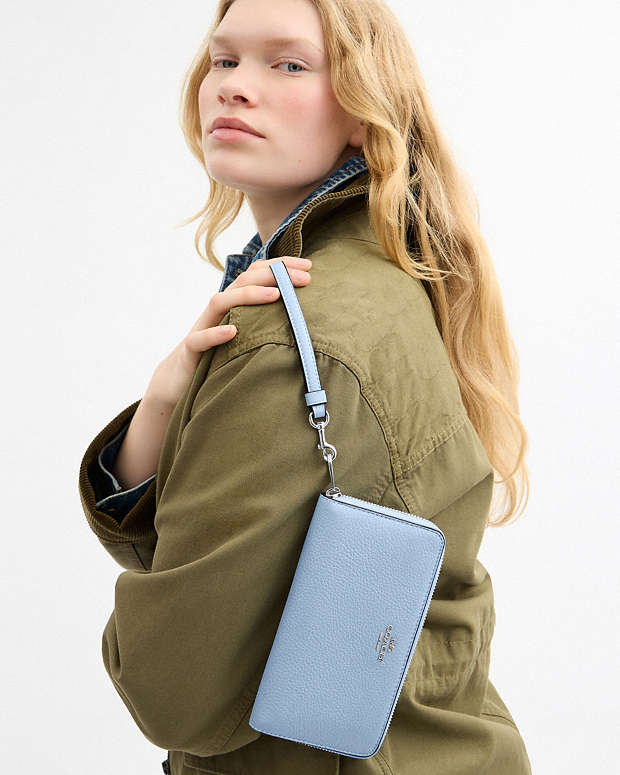 Long Zip Around Wallet Pebbled Leather-Sv-Bluebell Pebbled Leather-Sv-Bluebell