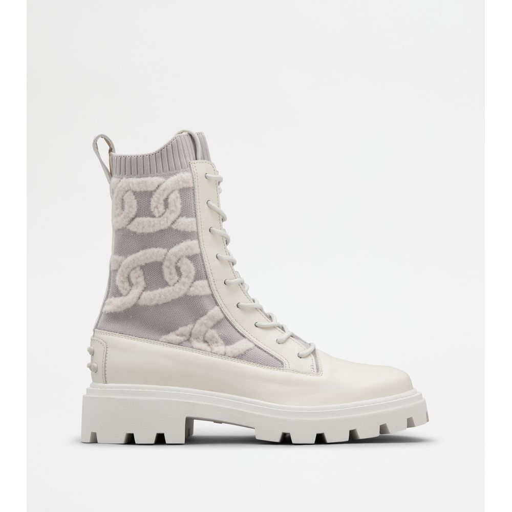 Tods Kate Combat Boots In Fabric And Leather White Womens