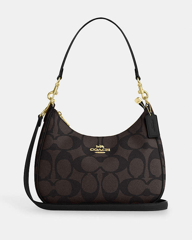 Teri Hobo Bag In Blocked Signature Canvas Signature Canvas-Gold-Walnut-Tan Signature Canvas-Gold-Walnut-Tan