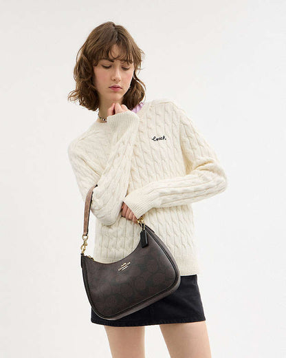 Teri Hobo Bag In Blocked Signature Canvas Signature Canvas-Gold-Walnut-Tan Signature Canvas-Gold-Walnut-Tan