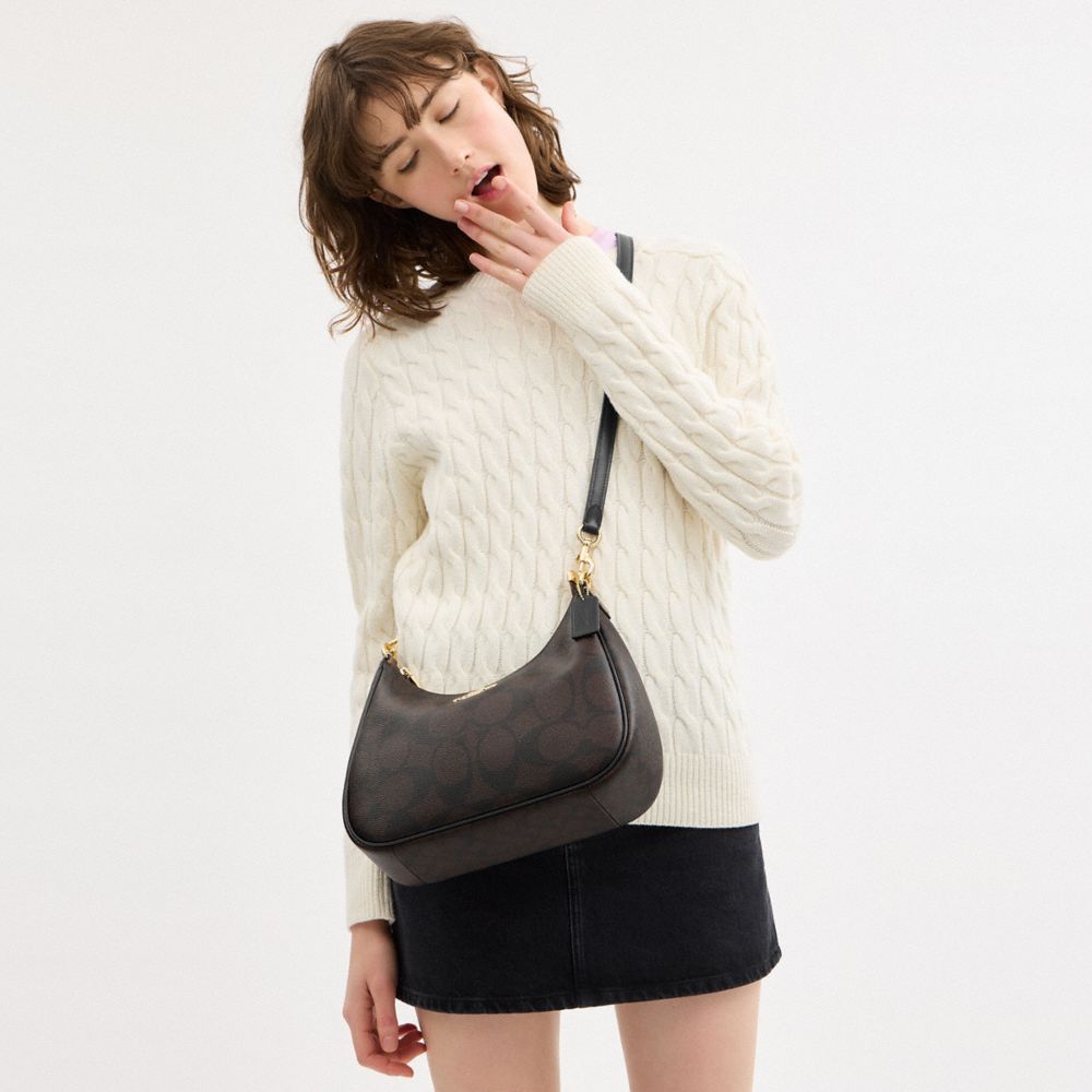 Coach Teri Hobo Bag In Blocked Signature Canvas Gold Walnut Tan