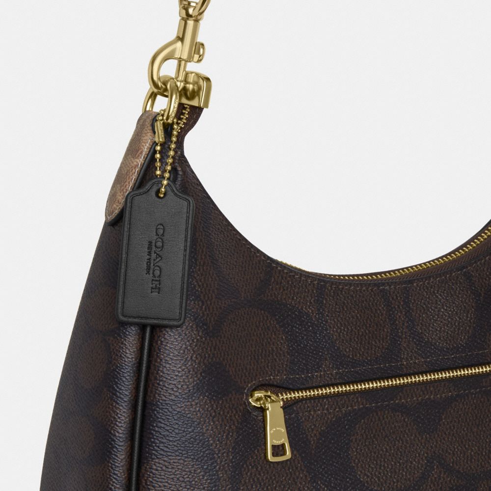 Coach Teri Hobo Bag In Blocked Signature Canvas Gold Walnut Tan