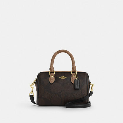 Coach Mini Rowan Crossbody Bag In Blocked Signature Canvas Gold Walnut Tan